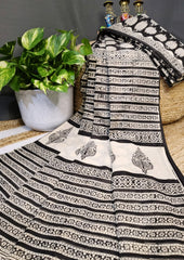 Bagru Handblock Print Cotton Mulmul Saree - Black - Wefta
