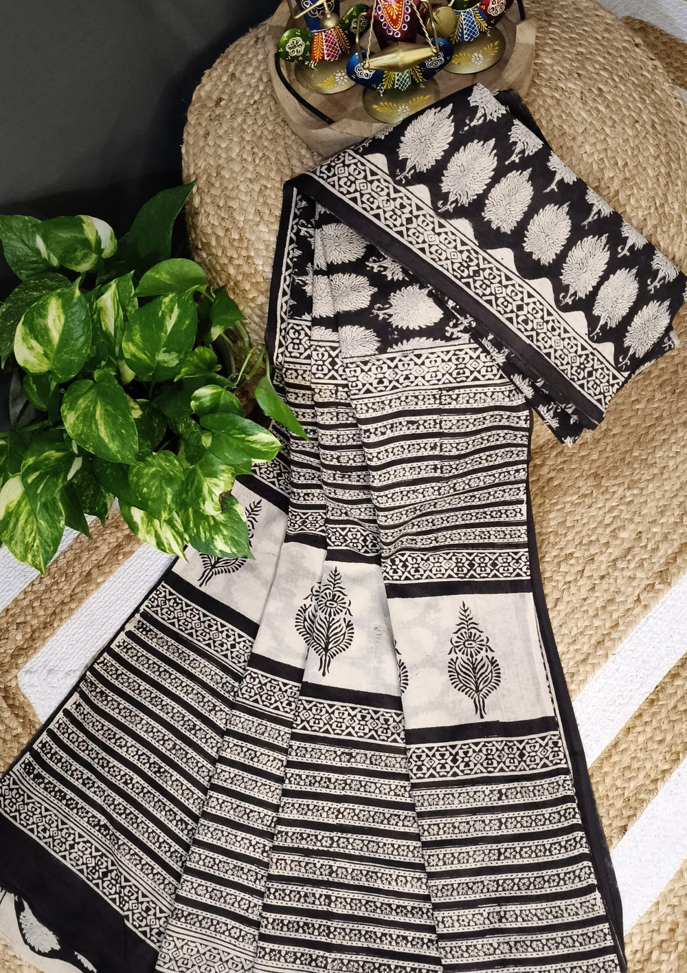 Bagru Handblock Print Cotton Mulmul Saree - Black - Wefta