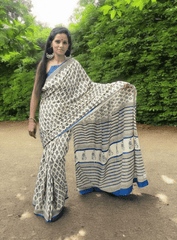 Bagru Handblock Print Cotton Mulmul Saree - Blue - Wefta