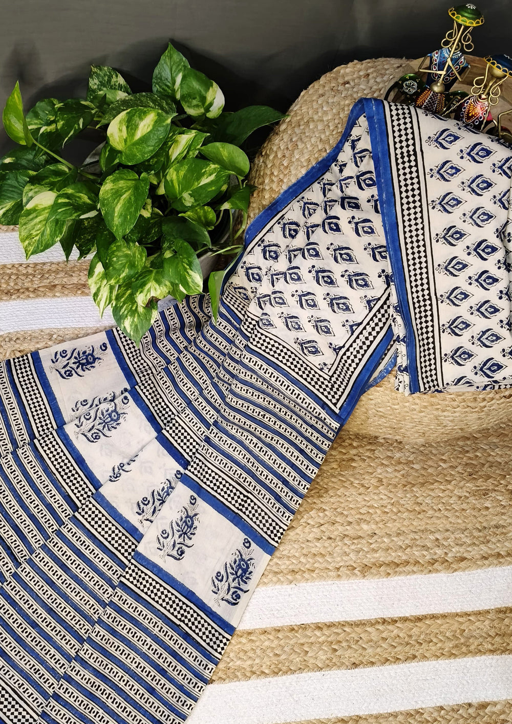 Bagru Handblock Print Cotton Mulmul Saree - Blue - Wefta