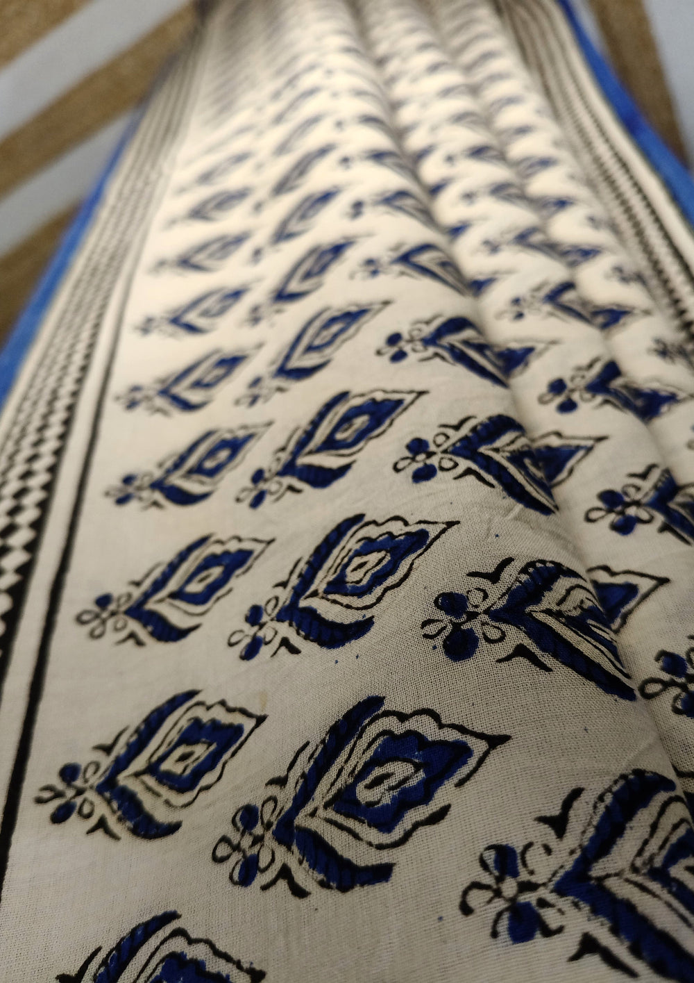 Bagru Handblock Print Cotton Mulmul Saree - Blue - Wefta