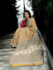 Bagru Handblock Print Cotton Mulmul Saree- Mustard - Wefta