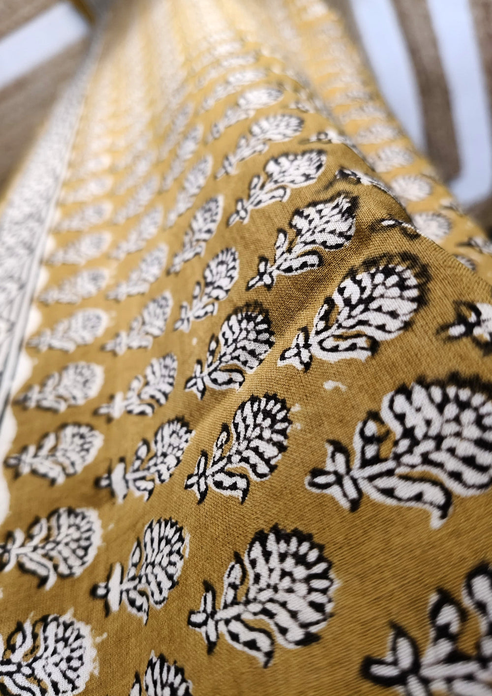Bagru Handblock Print Cotton Mulmul Saree- Mustard - Wefta