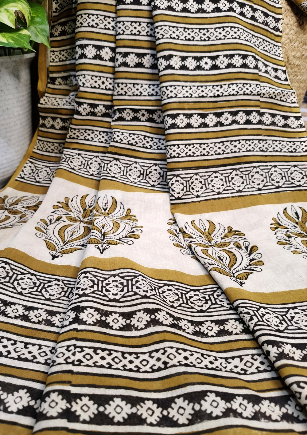 Bagru Handblock Print Cotton Mulmul Saree- Mustard - Wefta