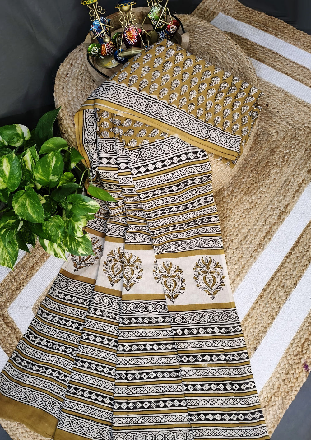 Bagru Handblock Print Cotton Mulmul Saree- Mustard - Wefta