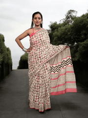 Bagru Handblock Print Cotton Mulmul Saree - Red 2 - Wefta