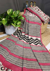 Bagru Handblock Print Cotton Mulmul Saree - Red 2 - Wefta