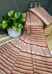Bagru Handblock Print Cotton Mulmul Saree - Rust Red - Wefta