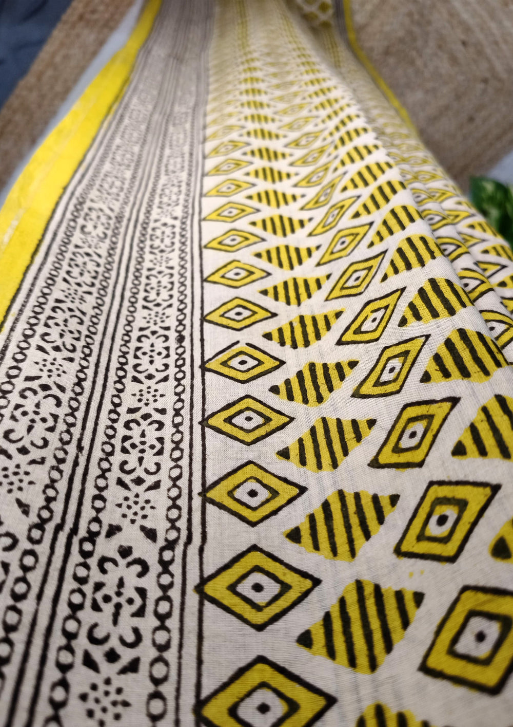 Bagru Handblock Print Cotton Mulmul Saree - Yellow - Wefta