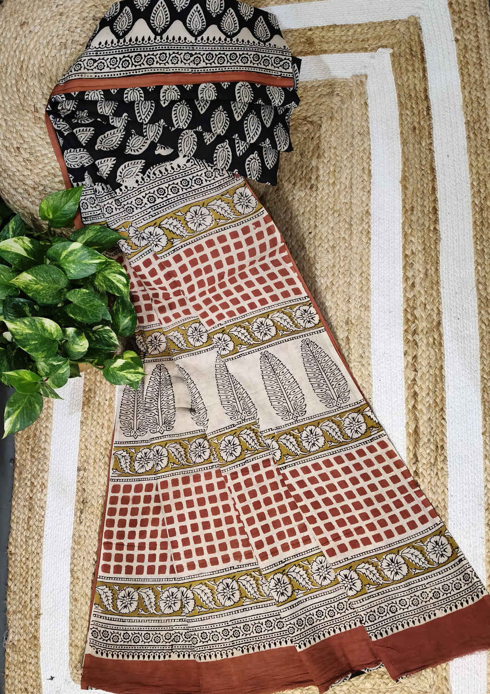 Bagru - Handblock print Cotton Saree - Black - Wefta