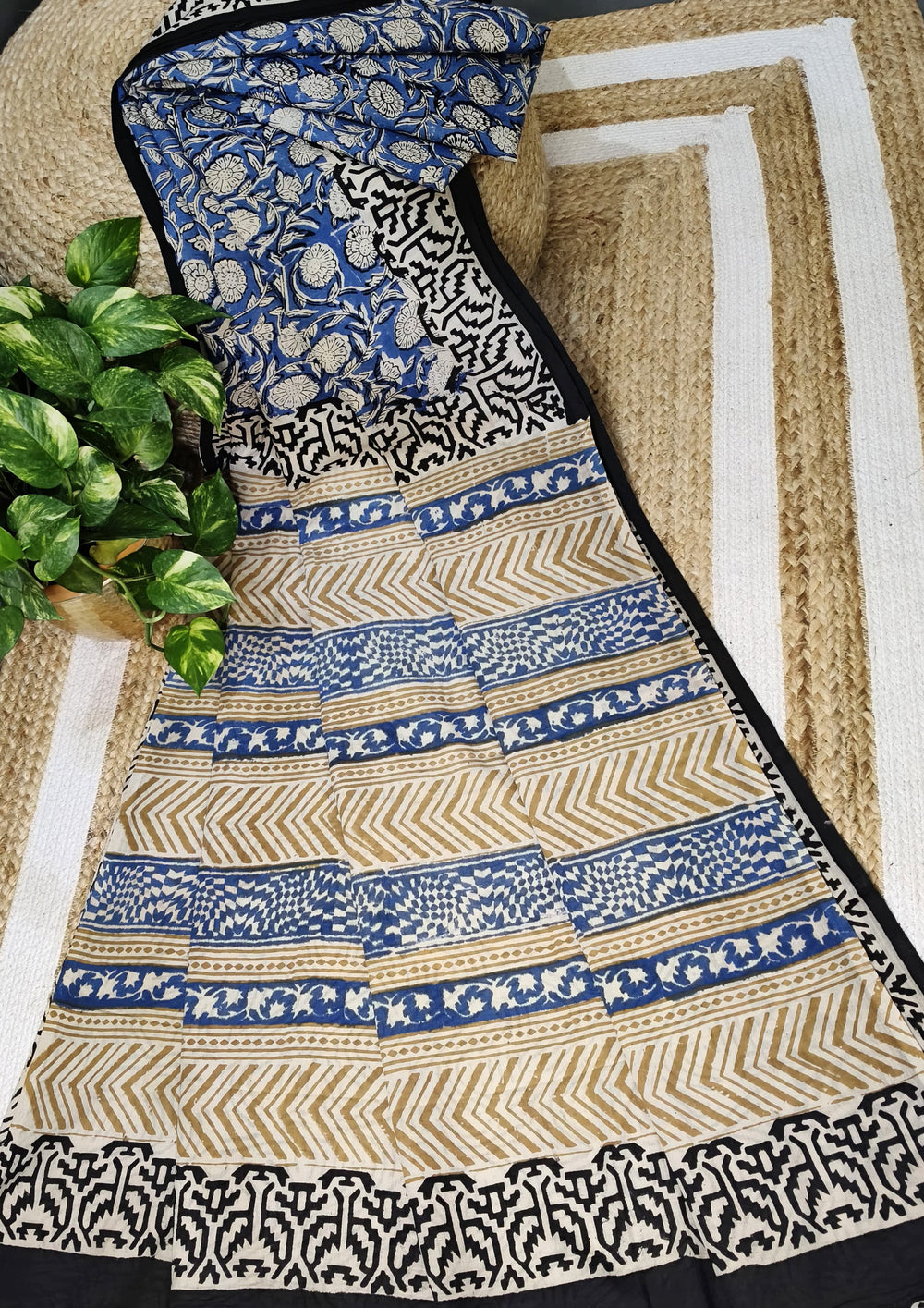 Bagru - Handblock print Cotton Saree - Blue - Wefta