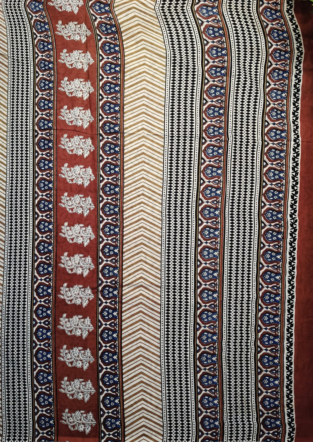 Bagru - Handblock print Cotton Saree - Cream Red1 - Wefta