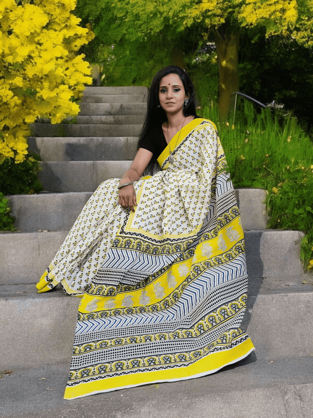 Bagru - Handblock print Cotton Saree - Cream Yellow - Wefta