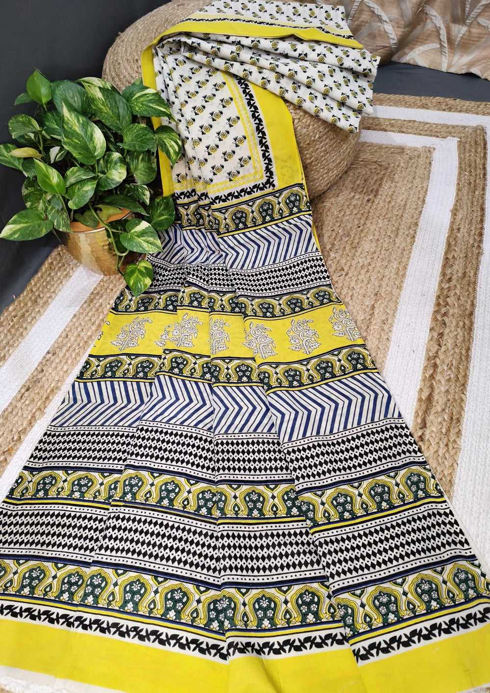 Bagru - Handblock print Cotton Saree - Cream Yellow - Wefta