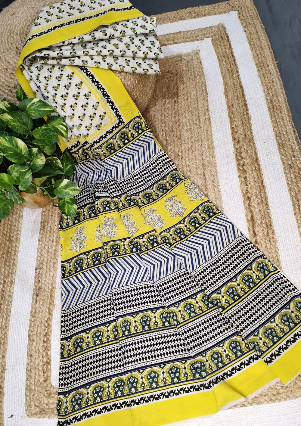 Bagru - Handblock print Cotton Saree - Cream Yellow - Wefta