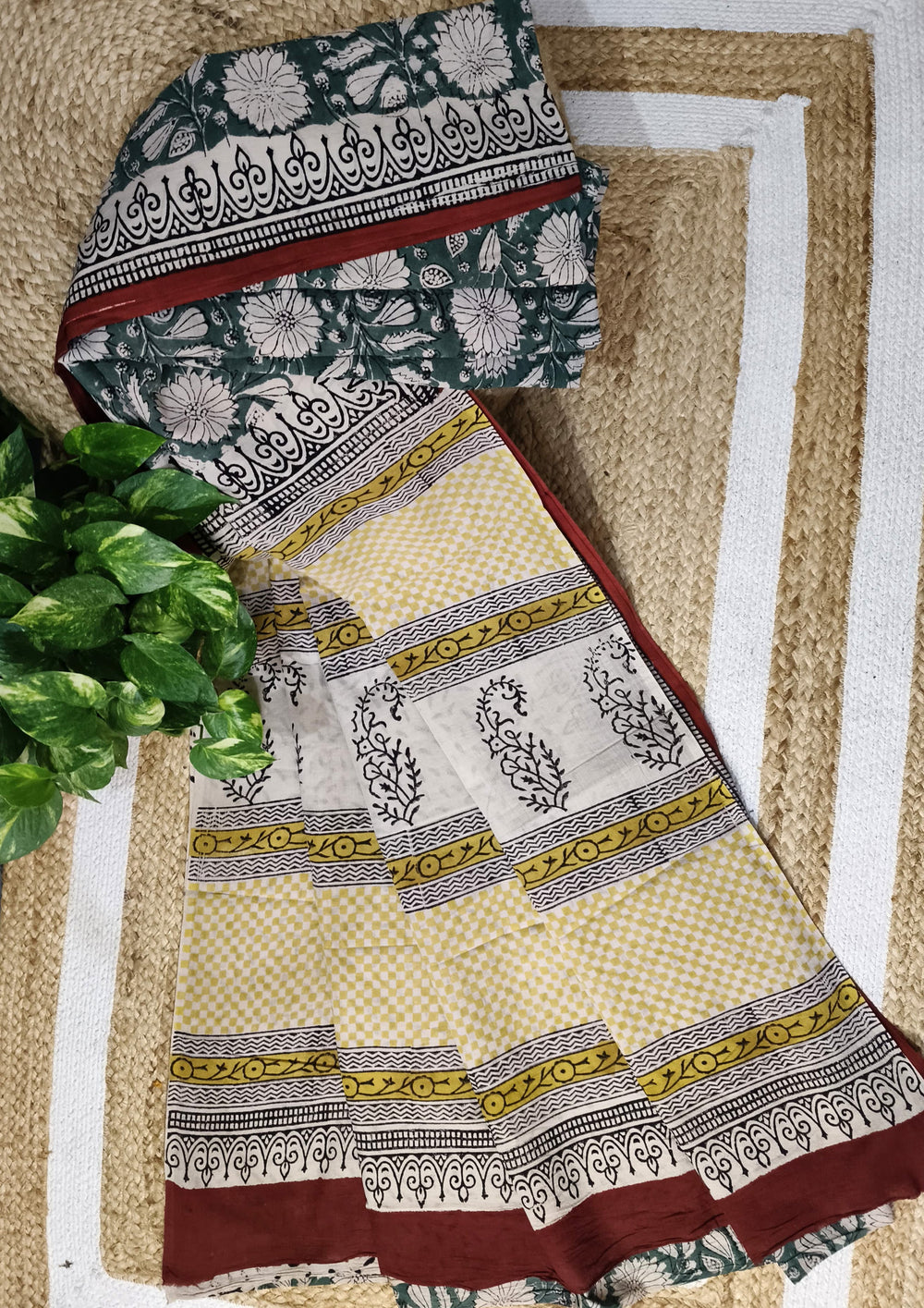 Bagru - Handblock print Cotton Saree - Green - Wefta