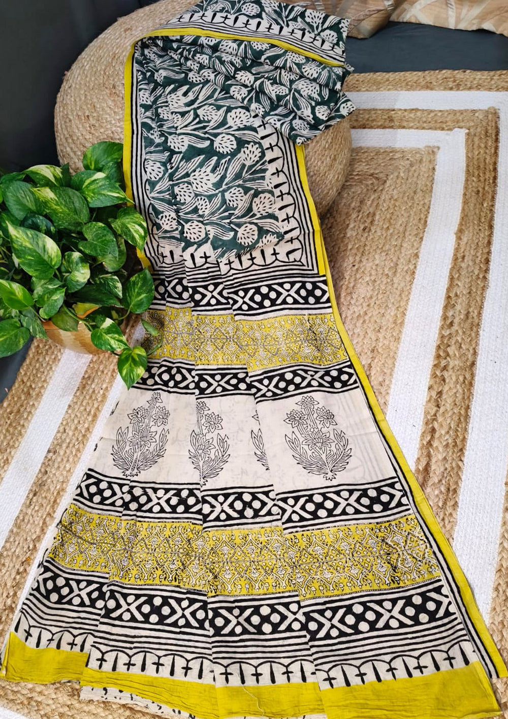 Bagru - Handblock print Cotton Saree - Green 2 - Wefta