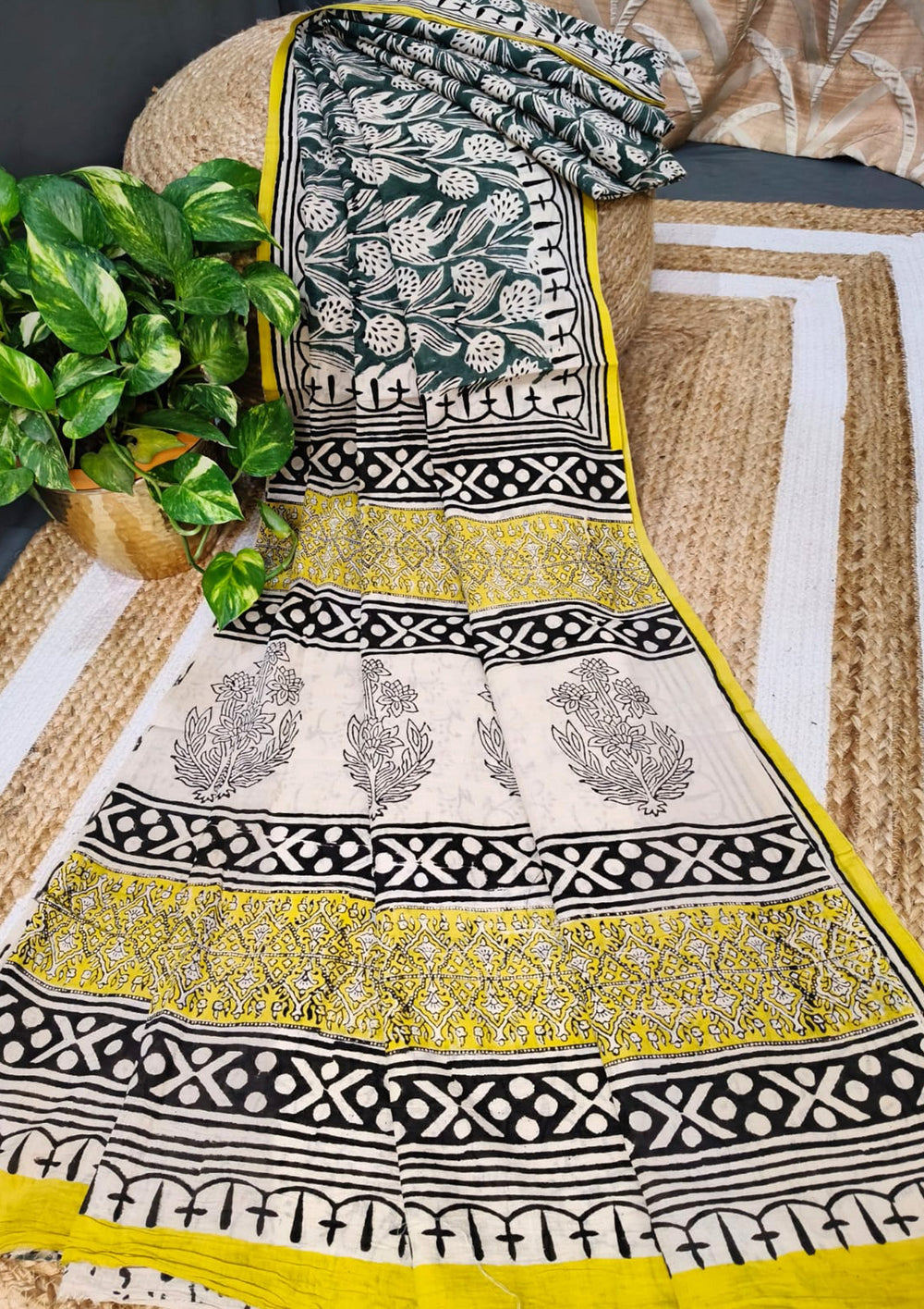 Bagru - Handblock print Cotton Saree - Green 2 - Wefta