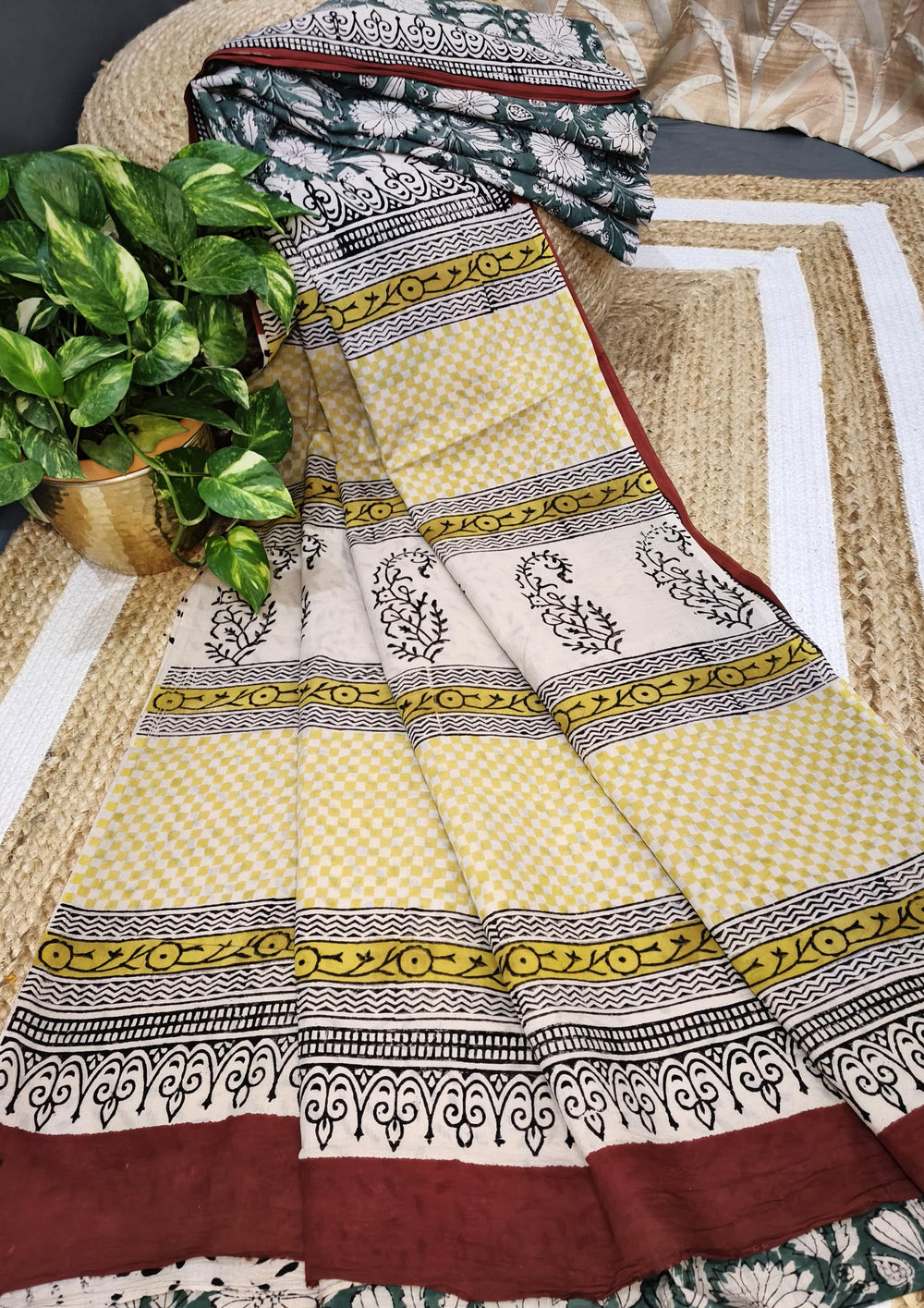 Bagru - Handblock print Cotton Saree - Green - Wefta