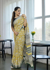 Bagru - Handblock print Cotton Saree - Mustard 2 - Wefta
