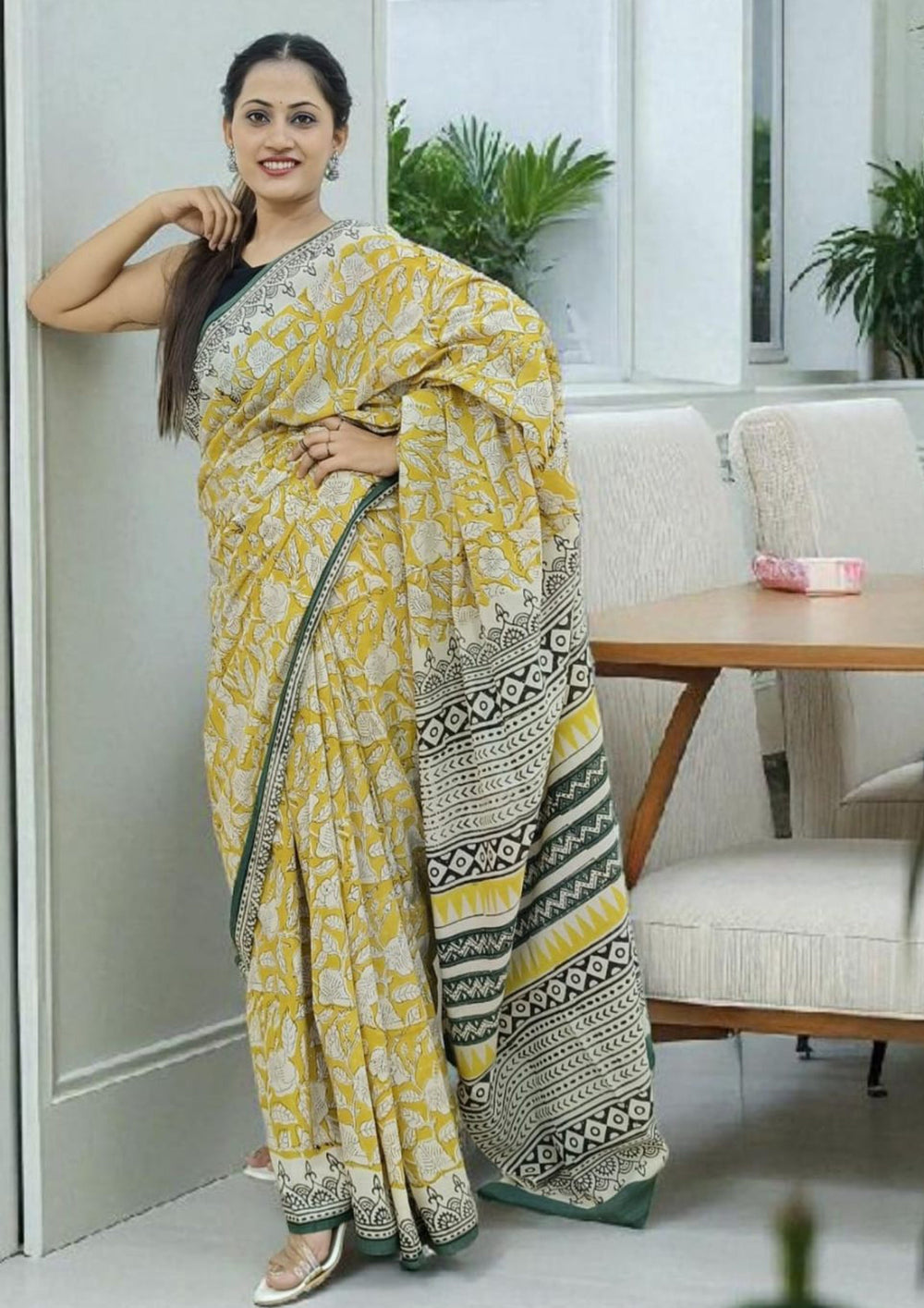Bagru - Handblock print Cotton Saree - Mustard 2 - Wefta