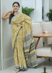 Bagru - Handblock print Cotton Saree - Mustard 2 - Wefta