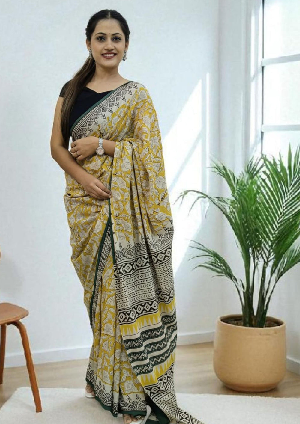 Bagru - Handblock print Cotton Saree - Mustard 2 - Wefta