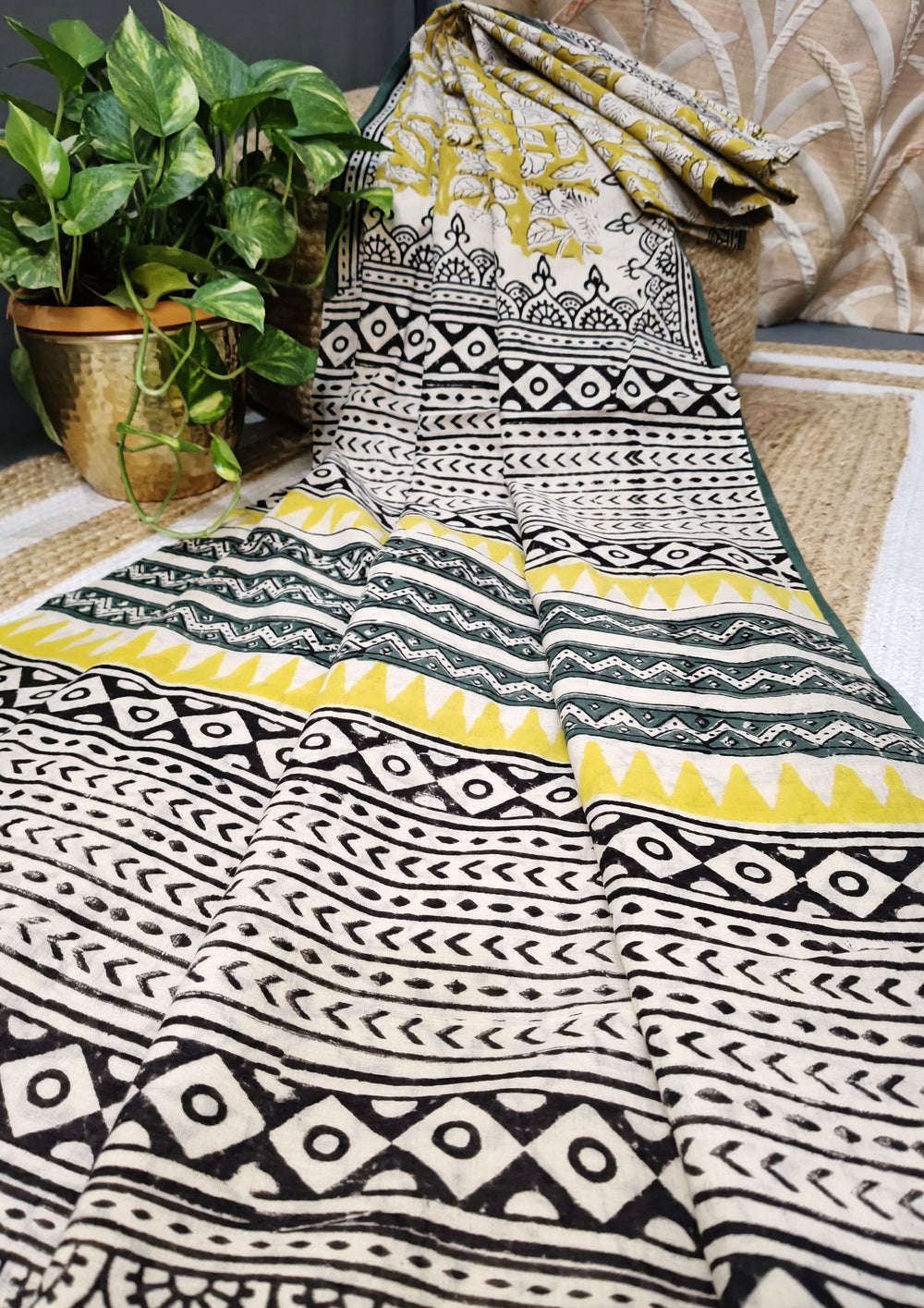 Bagru - Handblock print Cotton Saree - Mustard 2 - Wefta