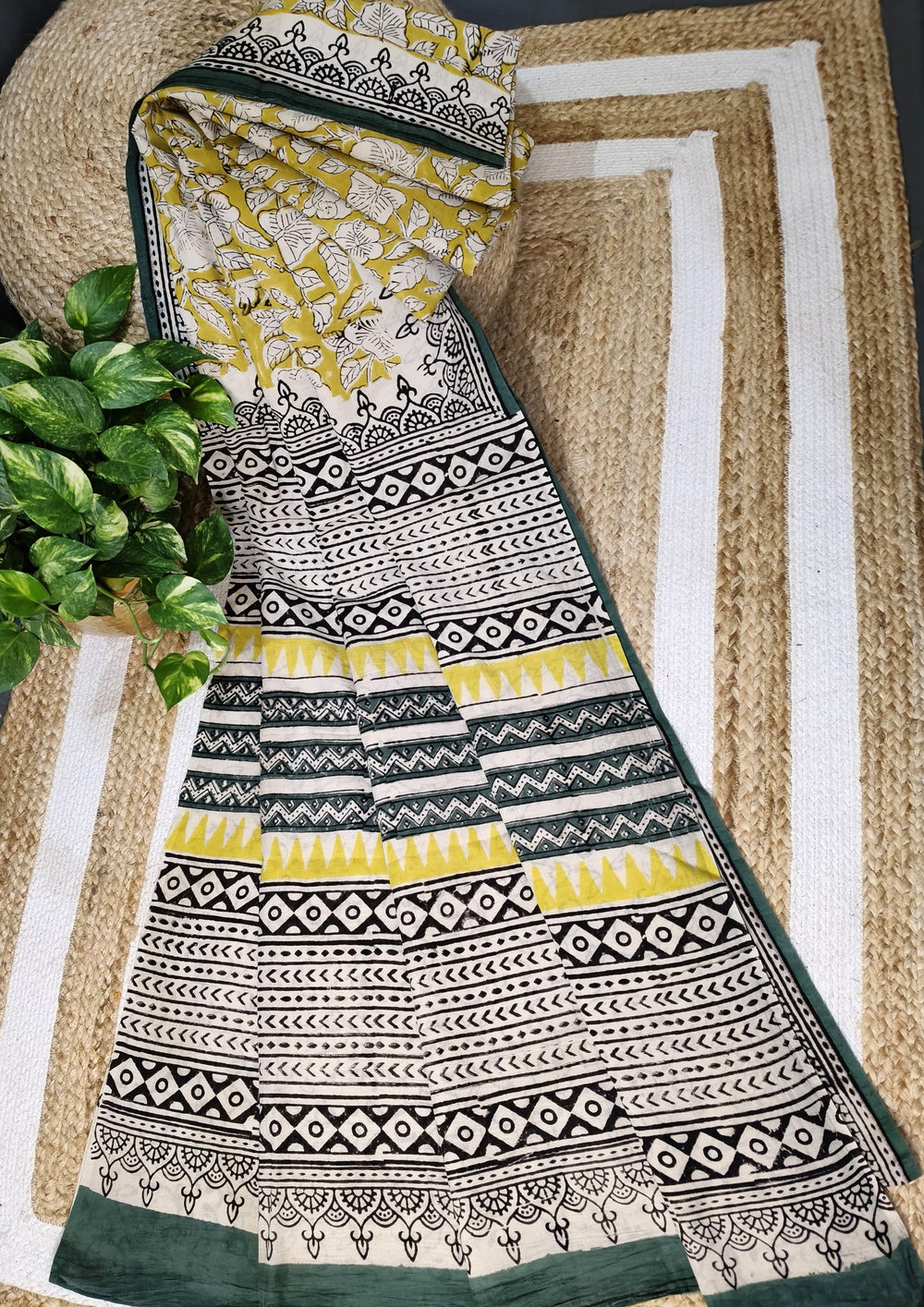 Bagru - Handblock print Cotton Saree - Mustard 2 - Wefta