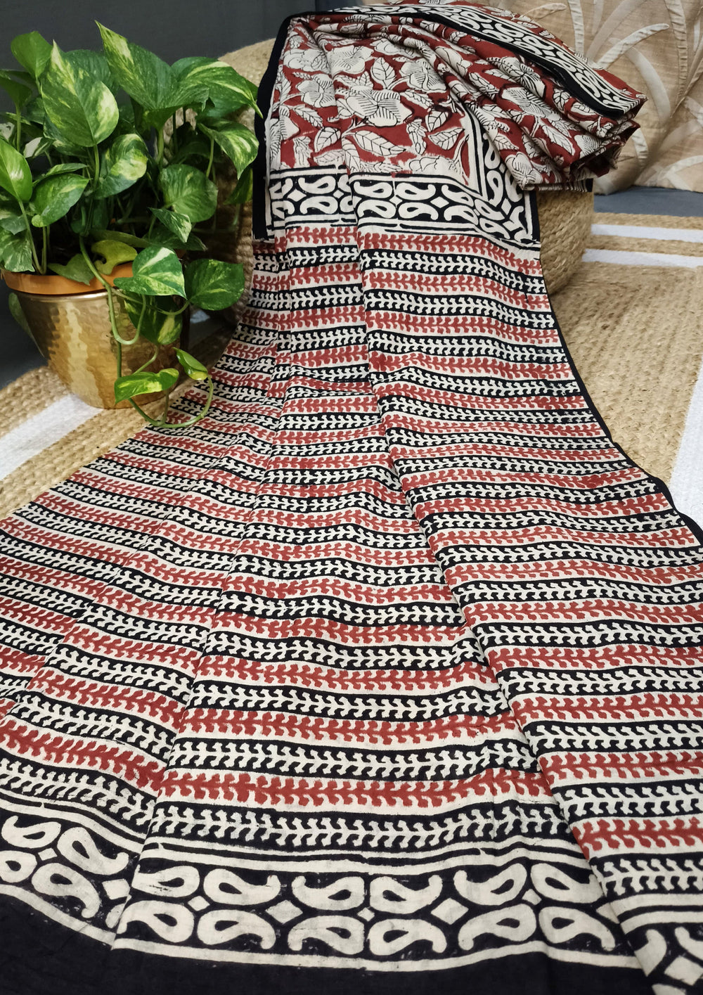 Bagru - Handblock print Cotton Saree - Red1 - Wefta