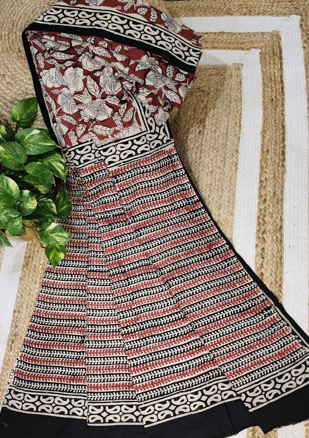 Bagru - Handblock print Cotton Saree - Red1 - Wefta