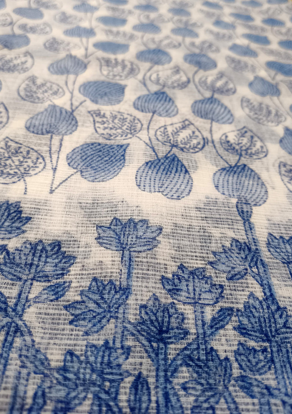 Bagru Handblock Print Kota Doria Saree- Blue Lotus - Wefta