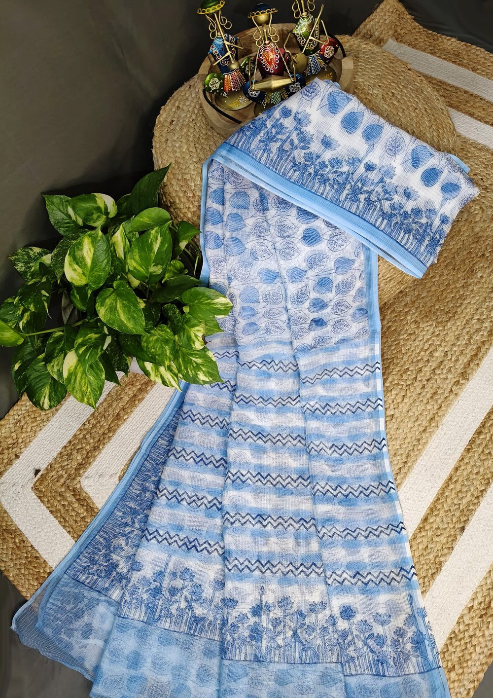 Bagru Handblock Print Kota Doria Saree- Blue Lotus - Wefta