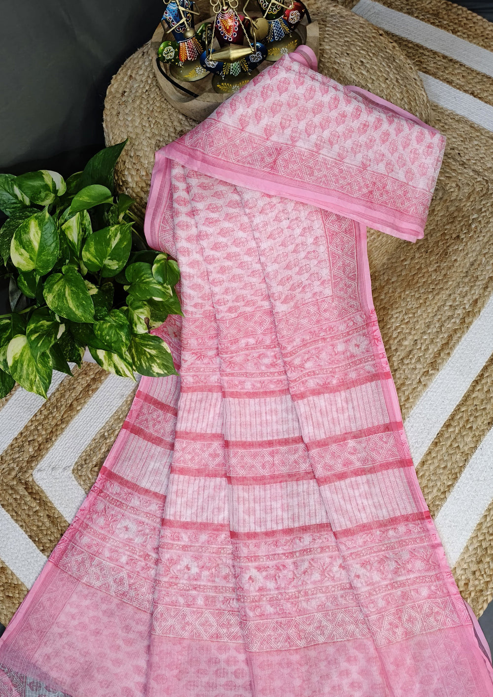 Bagru Handblock Print Kota Doria Saree - Pink Flowers - Wefta