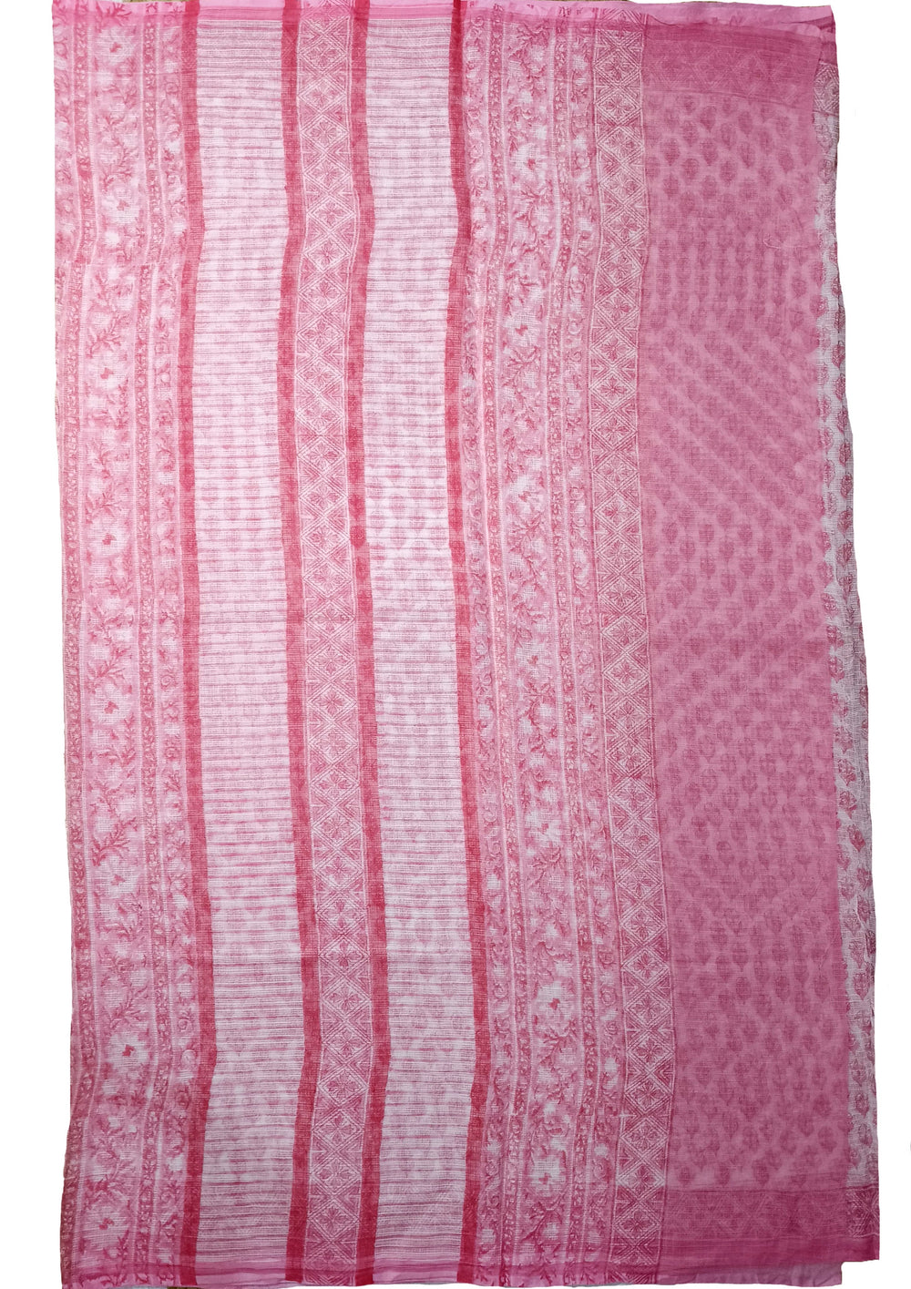 Bagru Handblock Print Kota Doria Saree - Pink Flowers - Wefta