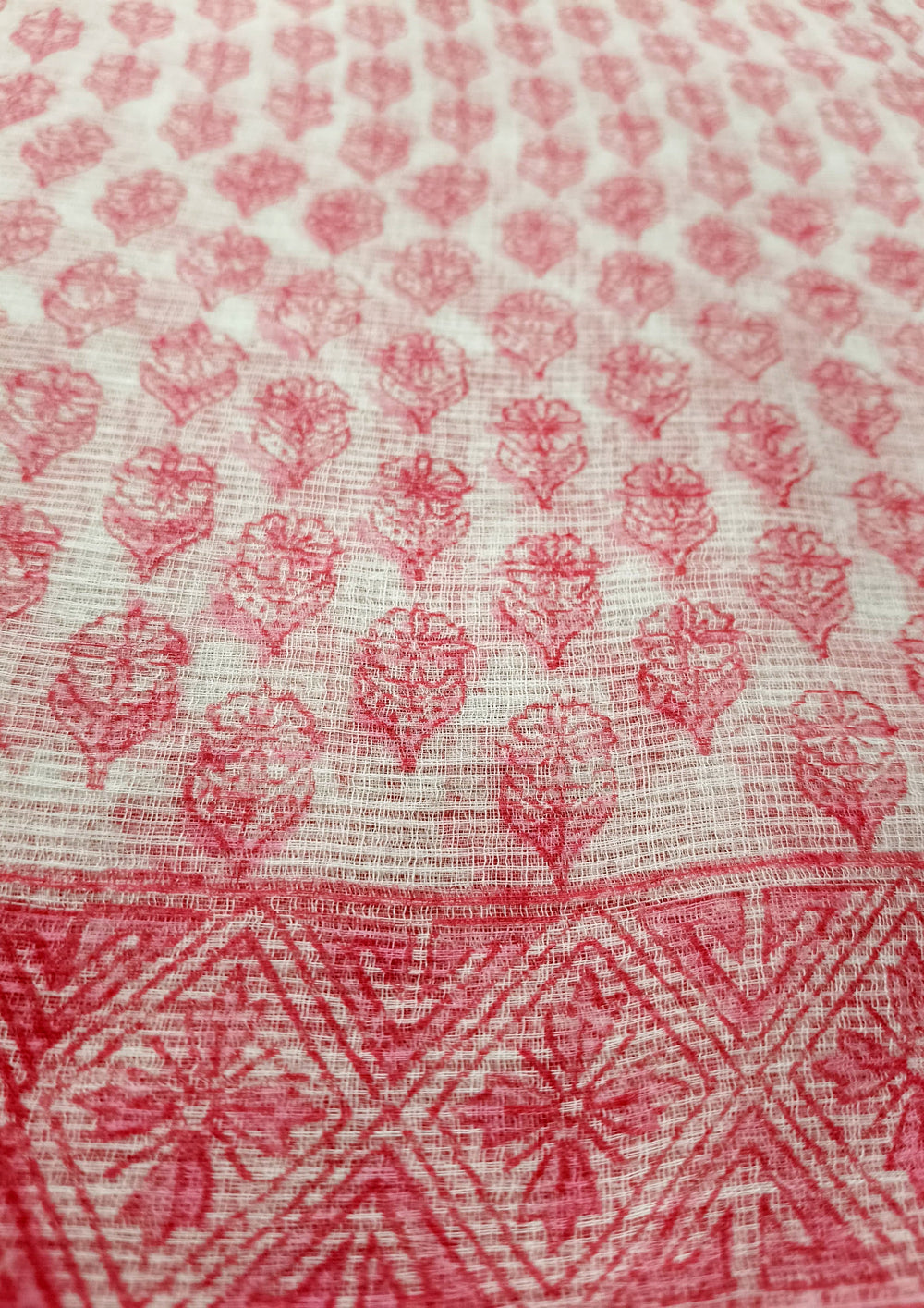 Bagru Handblock Print Kota Doria Saree - Pink Flowers - Wefta
