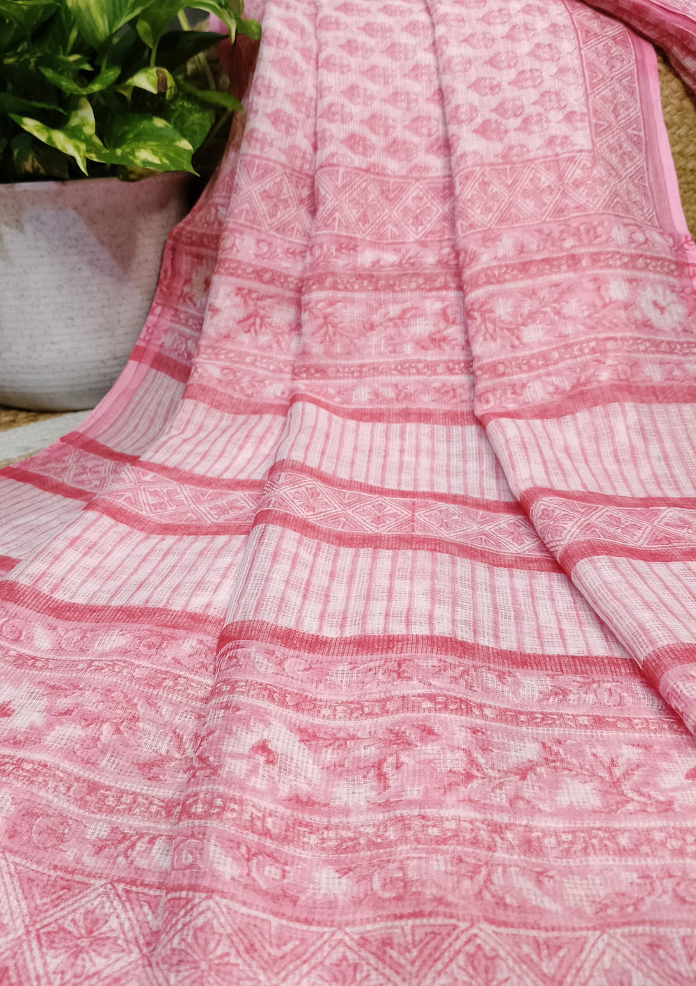 Bagru Handblock Print Kota Doria Saree - Pink Flowers - Wefta