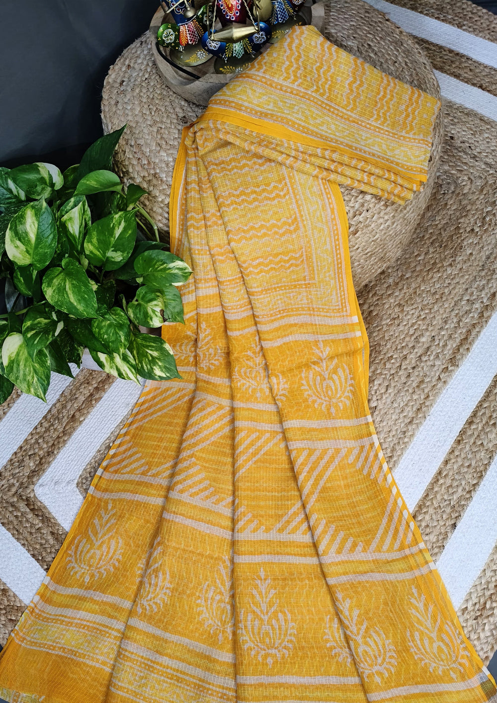 Bagru Handblock Print Kota Doria Saree - Yellow Waves - Wefta
