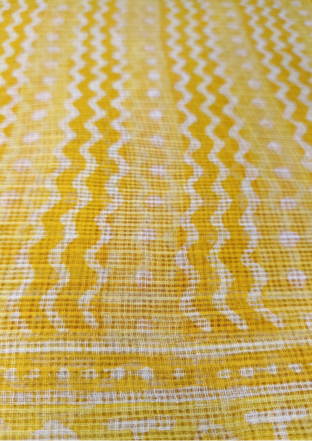 Bagru Handblock Print Kota Doria Saree - Yellow Waves - Wefta