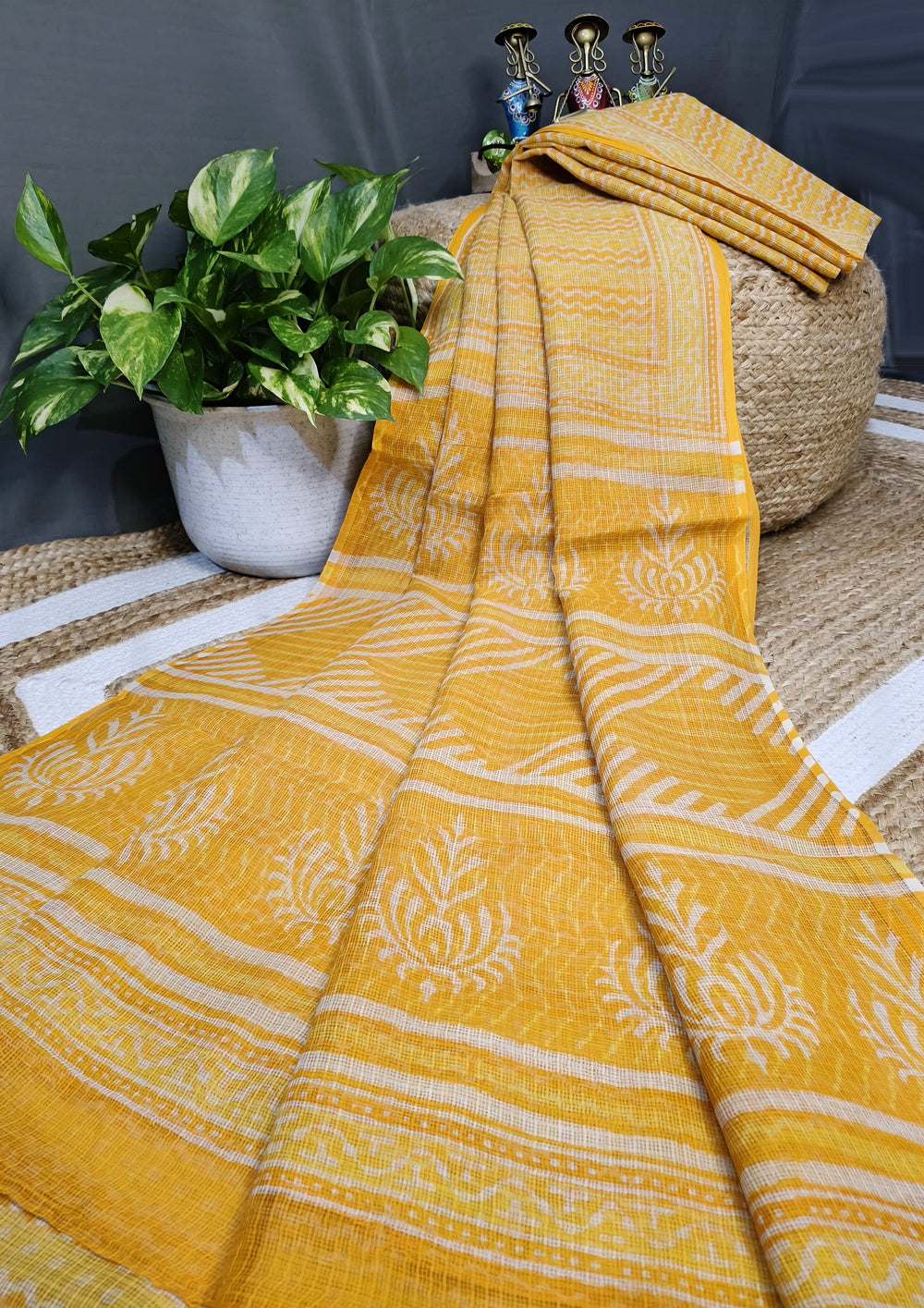 Bagru Handblock Print Kota Doria Saree - Yellow Waves - Wefta