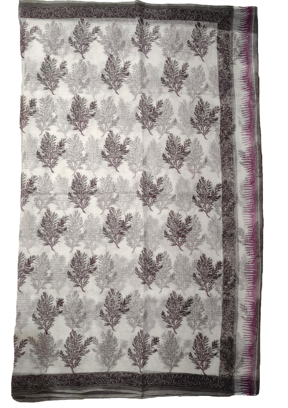 Bagru Handblock Print Kota Doria Sarees - Grey Pink Foliage - Wefta