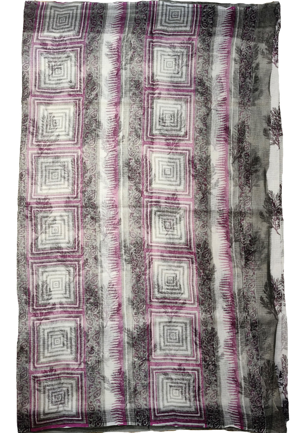 Bagru Handblock Print Kota Doria Sarees - Grey Pink Foliage - Wefta