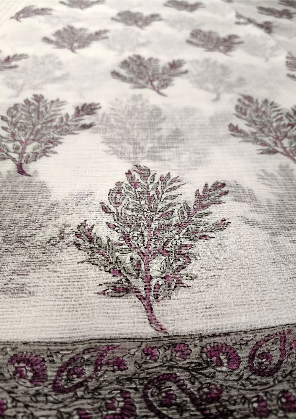 Bagru Handblock Print Kota Doria Sarees - Grey Pink Foliage - Wefta