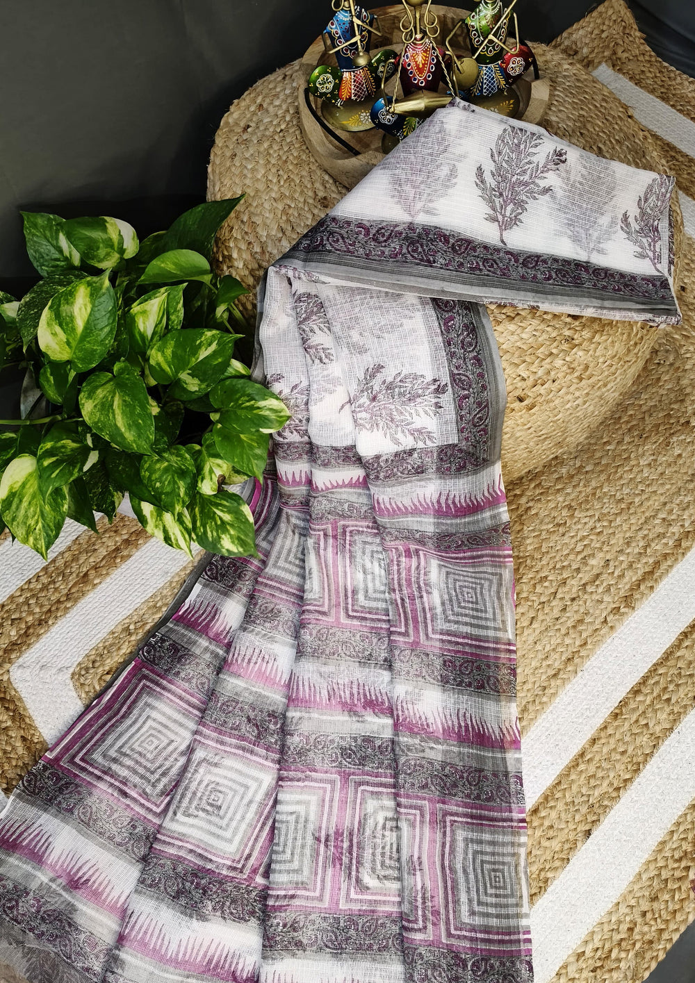 Bagru Handblock Print Kota Doria Sarees - Grey Pink Foliage - Wefta