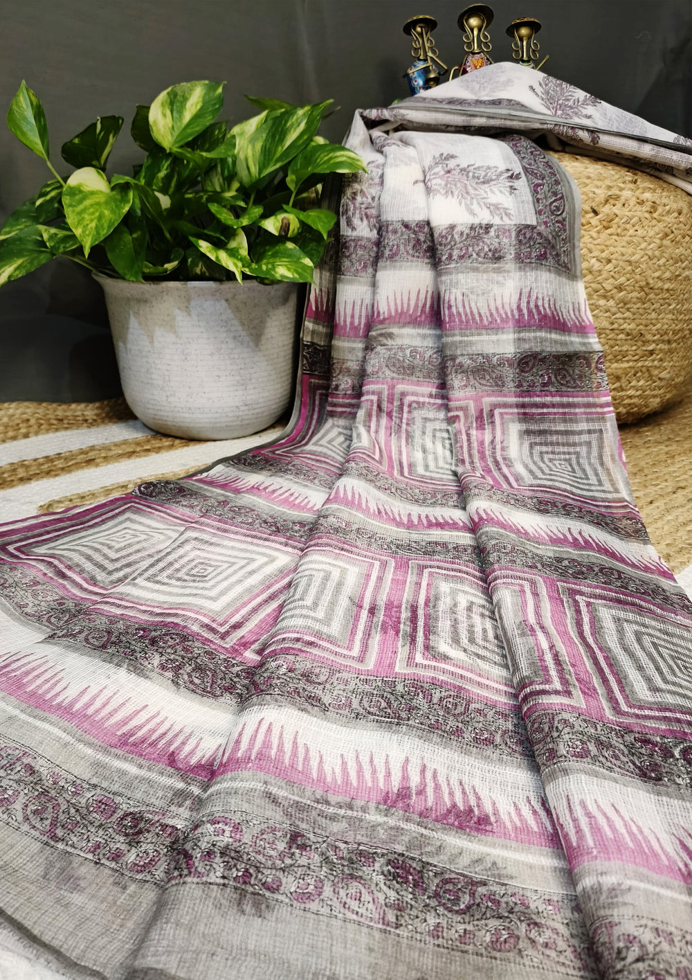 Bagru Handblock Print Kota Doria Sarees - Grey Pink Foliage - Wefta
