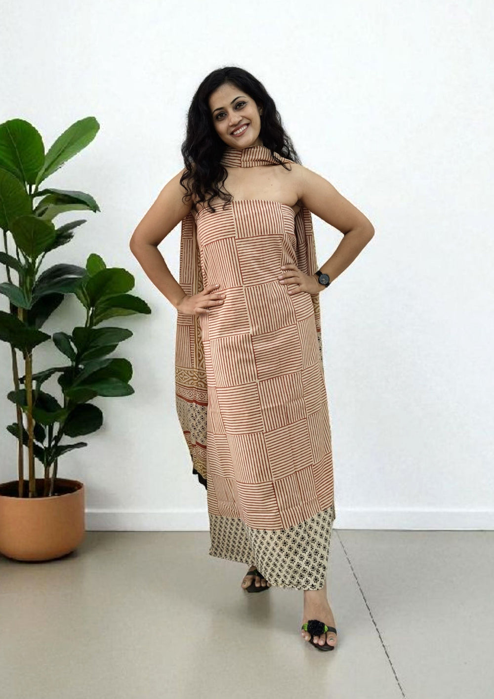 Bagru Handblock Print Suit B13- Cream1 - Wefta