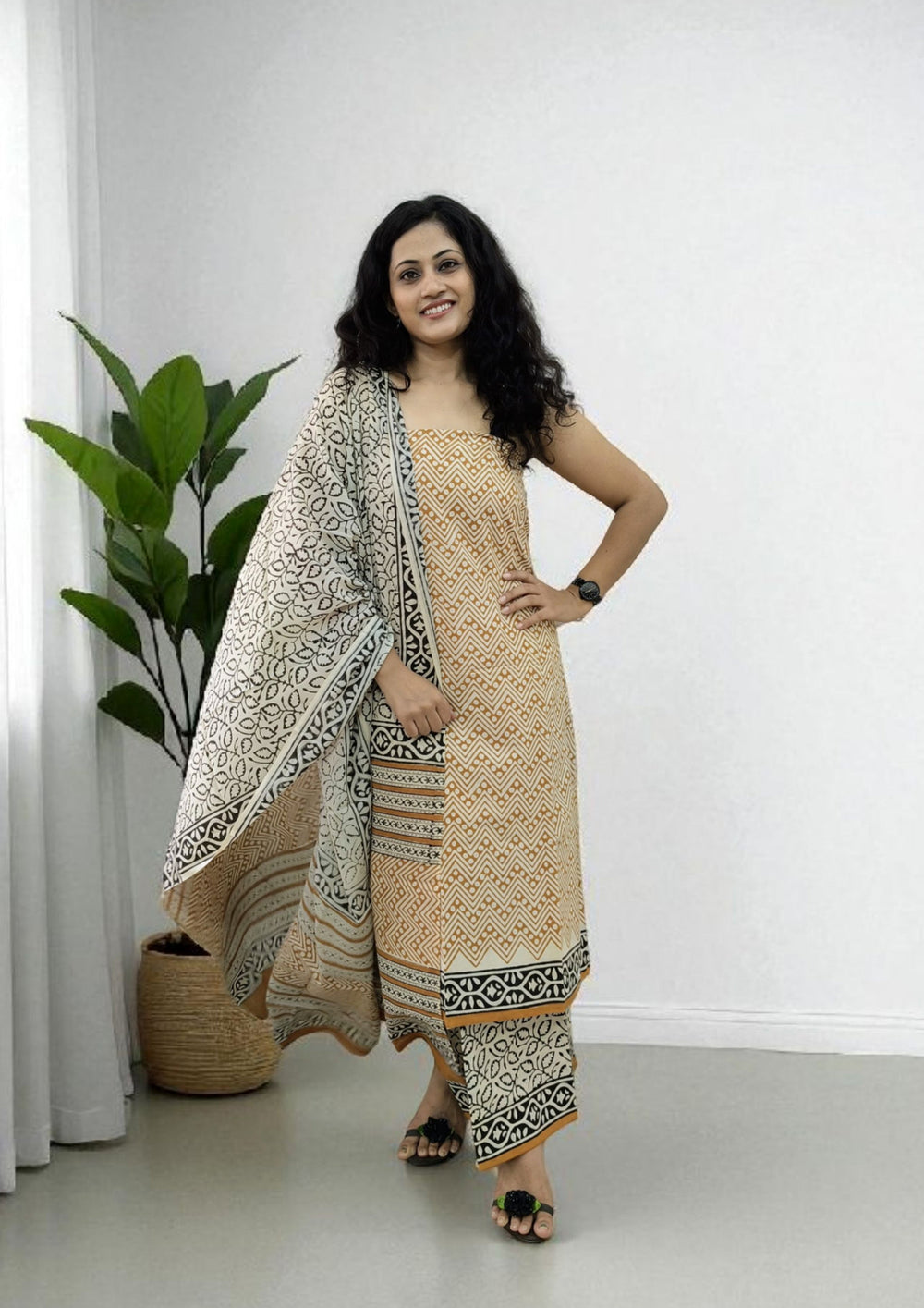 Bagru Handblock Print Suit B3 - Mustard1 - Wefta