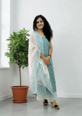 Bagru Handblock Print Suit B4 - Light Blue1 - Wefta