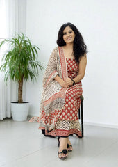 Bagru Handblock Print Suit B5 - Red2 - Wefta