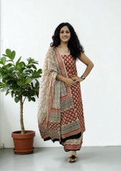 Bagru Handblock Print Suit B5 - Red2 - Wefta